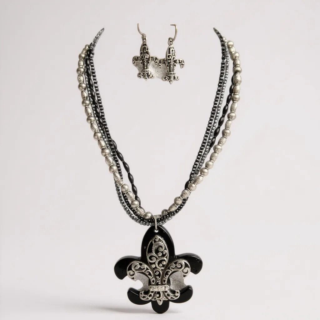 Four Strand Black And Silver Bead Fleur De Lis Pendant Necklace Earring Set 14$